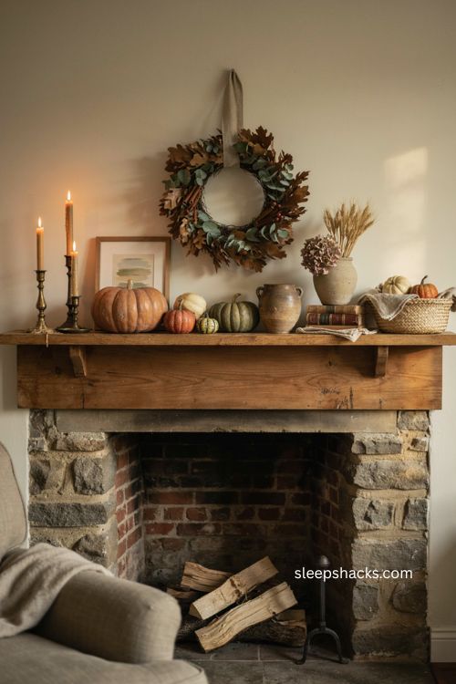 Thanksgiving mantel decor with pumpkins wreath candles and warm autumn textures 