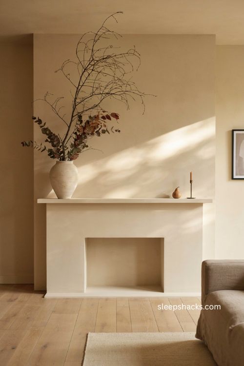 Thanksgiving mantel decor with tall branches in oversized vase modern minimalist fireplace 
