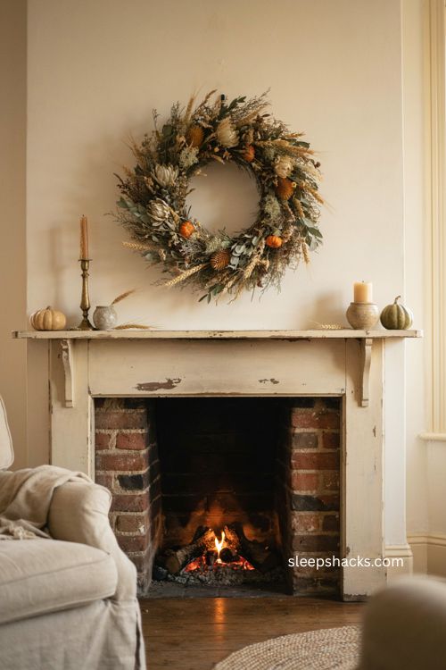 Thanksgiving mantel decor with textured fall wreath wheat dried florals and pumpkins 