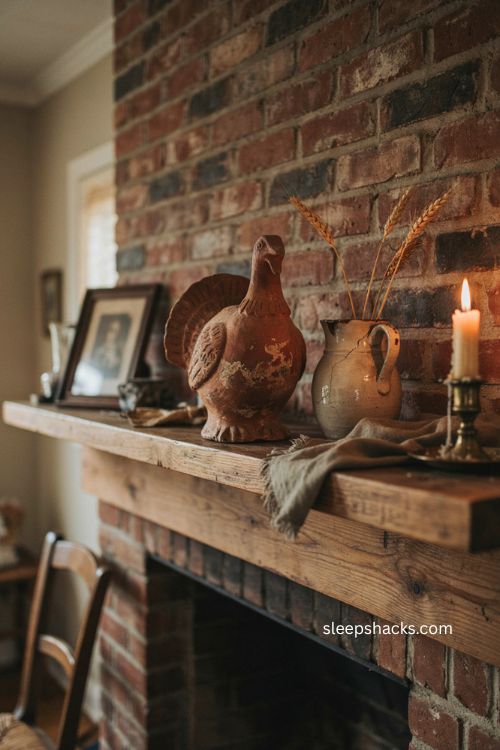 Thanksgiving mantel decor with vintage terracotta turkey antique pitcher dried wheat and collected pieces 