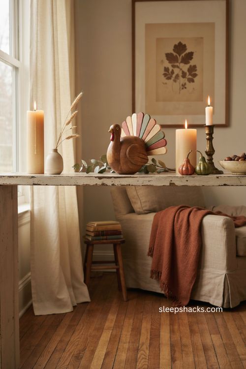 Thanksgiving mantel decor with wooden turkey figurine candles greenery gourds and handmade accents 