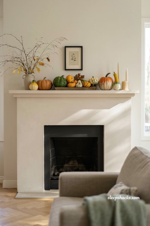 Thanksgiving mantle ideas with colorful gourds and pumpkins