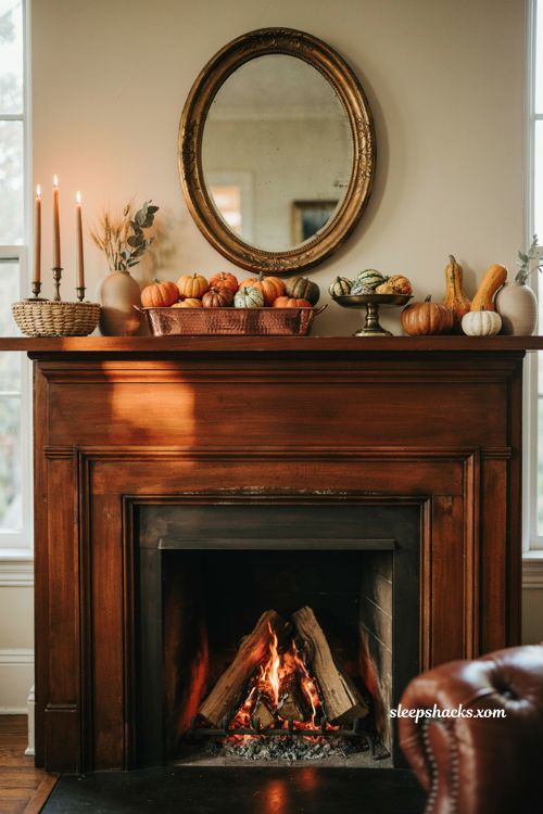 Thanksgiving mantle ideas with copper gold decor and pumpkins