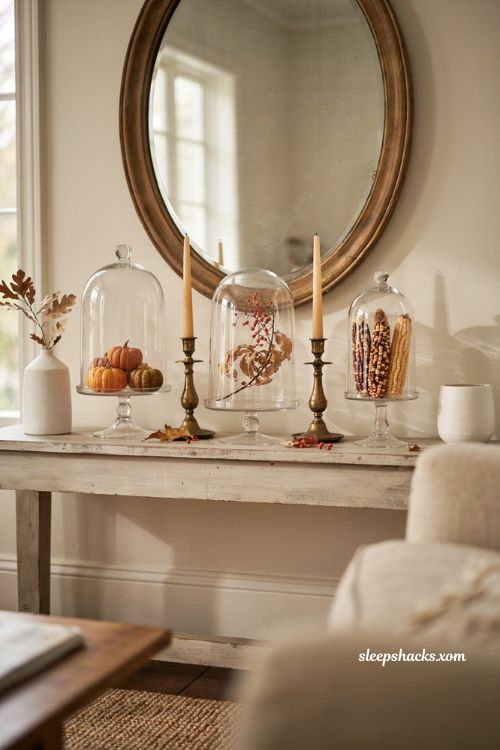 Thanksgiving mantle ideas with fall finds under glass cloches