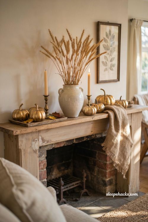 Thanksgiving mantle ideas with gilded gourds and dried wheat