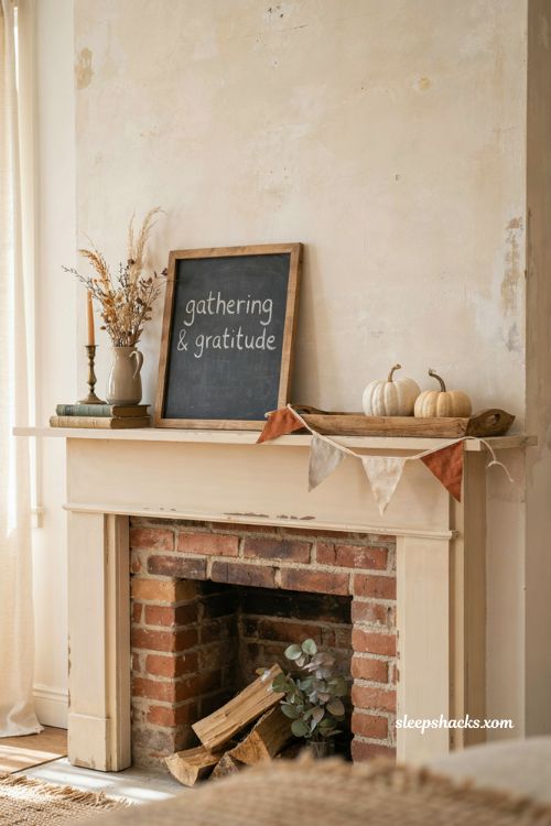 Thanksgiving mantle ideas with meaningful signs and harvest banner