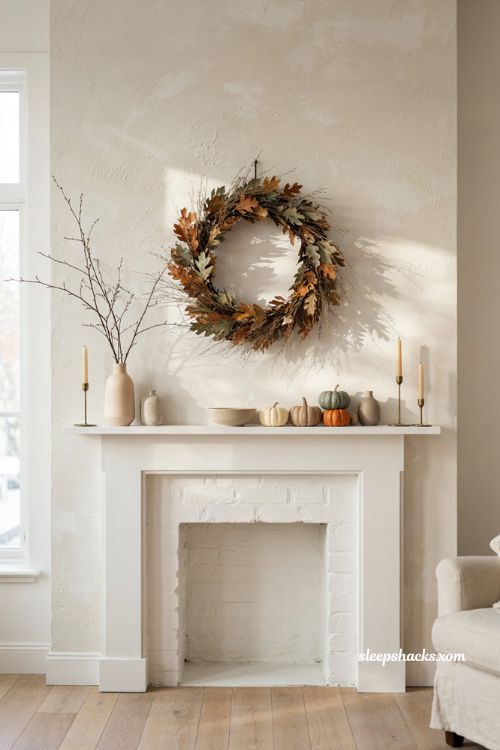 Thanksgiving mantle ideas with one large wreath and pumpkins