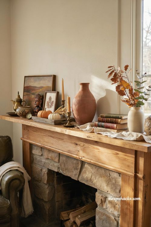 Thanksgiving mantle ideas with personal collections and fall decor
