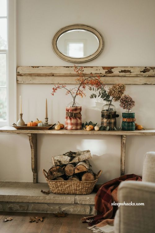 Thanksgiving mantle ideas with plaid wrapped vases and pumpkins