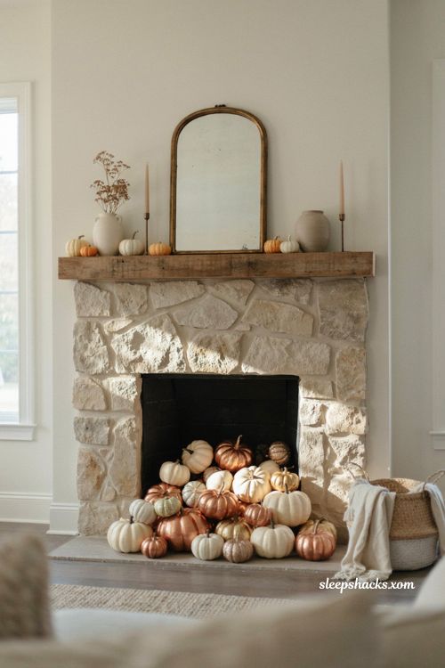 Thanksgiving mantle ideas with pumpkins in an empty firebox