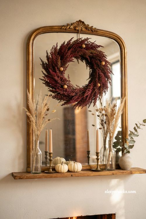 Thanksgiving mantle ideas with wreath and large mirror