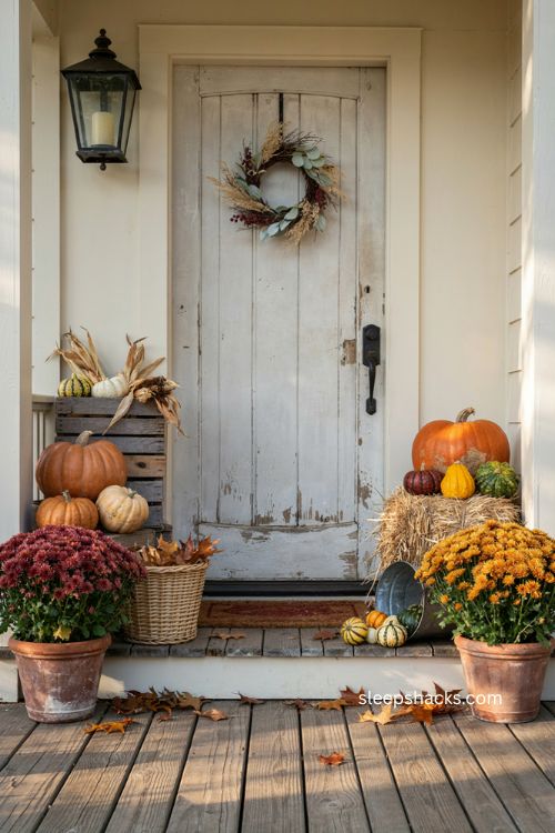 Thanksgiving porch decor with pumpkins mums and rustic hay bales 
