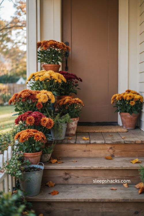 Thanksgiving porch decorated with orange burgundy and yellow mums 