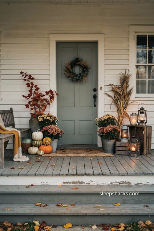 Thanksgiving porch decorations with pumpkins mums dried corn and cozy lanterns 