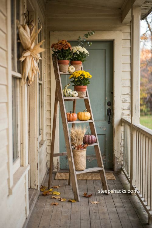 Thanksgiving porch ladder display with pumpkins gourds and potted mums 