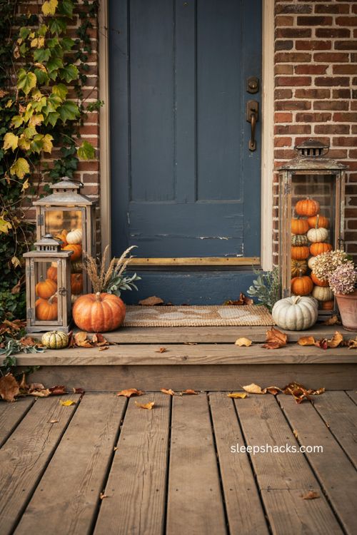 Thanksgiving porch lanterns filled with mini pumpkins and gourds 