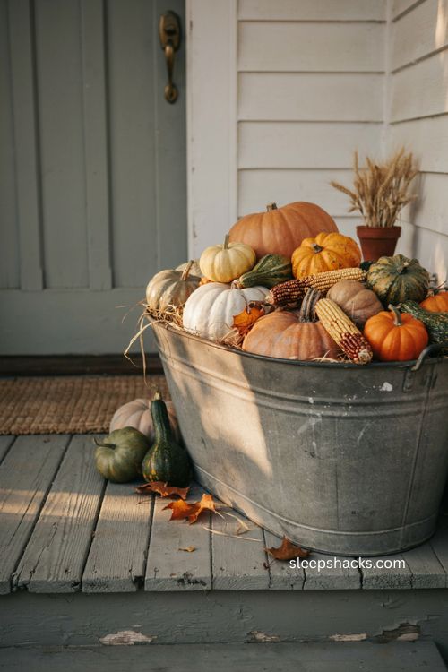 Thanksgiving porch trough filled with hay pumpkins gourds and dried corn 