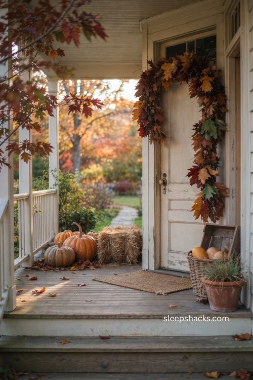 Thanksgiving porch with fall leaf garland pumpkins and hay bales 