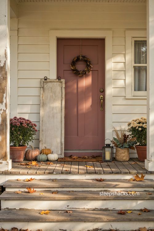 Thanksgiving porch with personalized wooden welcome sign pumpkins and mums 