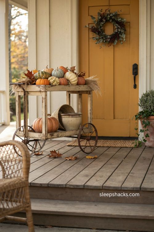 Thanksgiving porch with vintage cart pumpkins gourds and dried leaves 