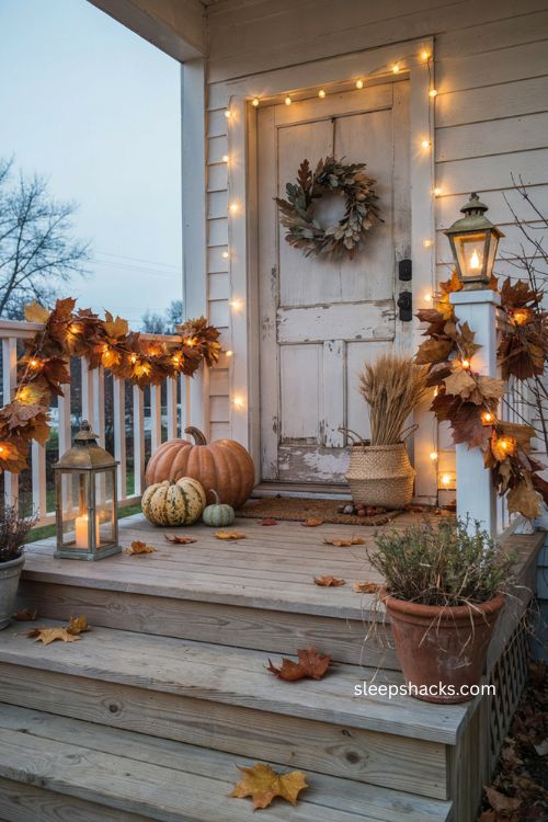 Thanksgiving porch with warm string lights pumpkins and autumn garland 