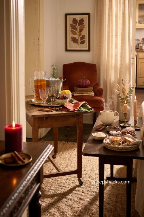 Thanksgiving self serve drinks and dessert station with cozy seasonal decor 