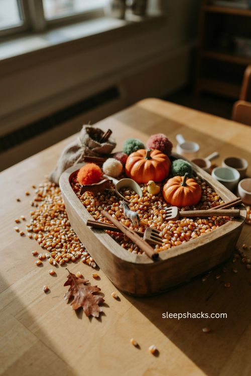 Thanksgiving sensory bin for toddlers with corn kernels pumpkins and cinnamon sticks 