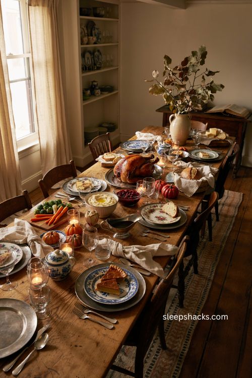Thanksgiving spread table with golden turkey mashed potatoes cranberry sauce pie and candlelight 