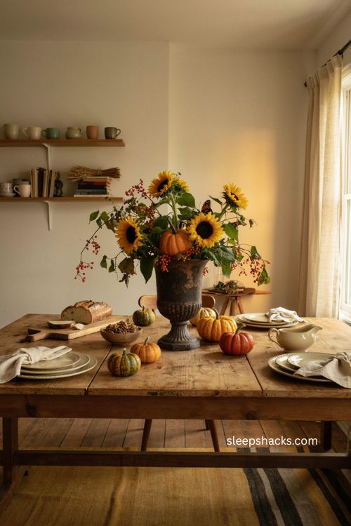 Thanksgiving sunflower urn centerpiece with pumpkins squash bittersweet vine and antique iron 