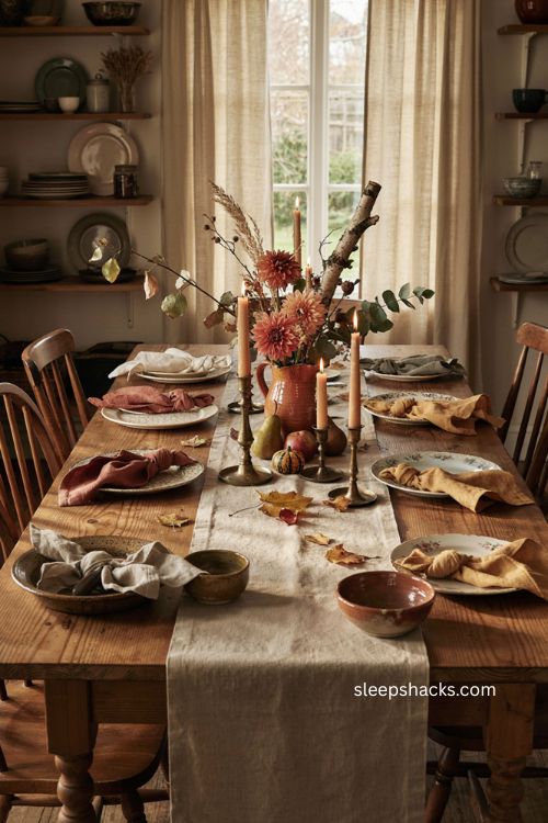 Thanksgiving table centerpiece ideas with rustic florals pumpkins and foraged fall decor 