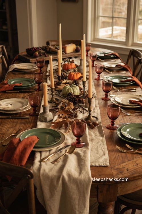 Thanksgiving table decor with varied taper and pillar candle heights 