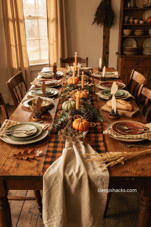 Thanksgiving table place cards with dried leaves and natural autumn details 