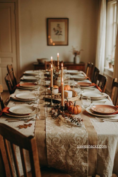 Thanksgiving table runner layered over tablecloth with rustic autumn decor 