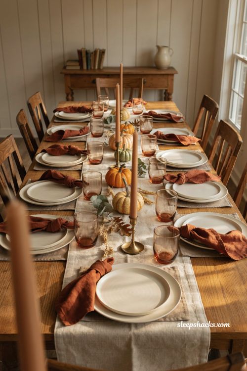 Thanksgiving table runner with evenly spaced placemats and simple place settings
