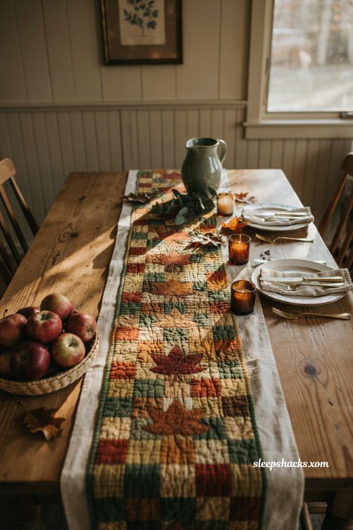 Thanksgiving table runner with quilted maple leaf patchwork