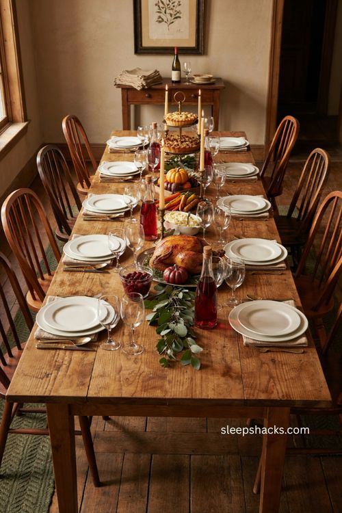 Thanksgiving table set with wine glasses red wine carafes and elegant place settings