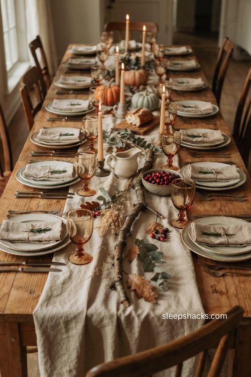 Thanksgiving table with branches running along the table runner 