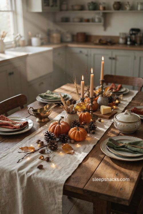 Thanksgiving table with glowing acorn string lights and harvest centerpiece 