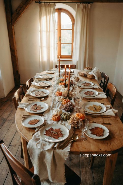 Thanksgiving table with preserved fall leaf place settings 