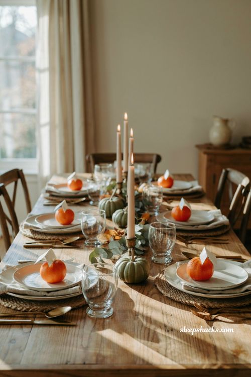 Thanksgiving tablescape with clementine place card holders and neutral table decor