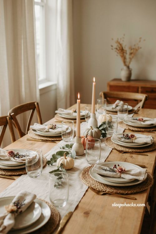 Thanksgiving tablescape with floral napkin rings and neutral place settings