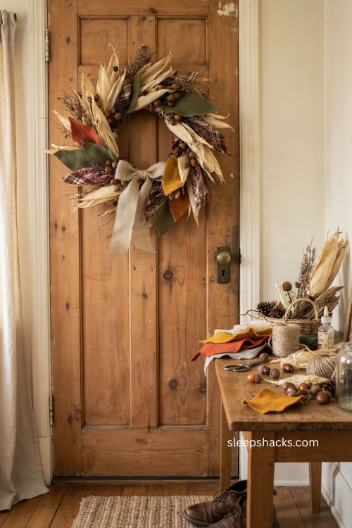 Thanksgiving wreaths rustic fall door wreath with corn husks acorns and fabric scraps 