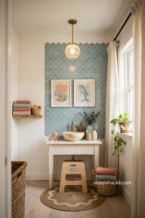 Themed kids bathroom ideas with underwater decor and fish scale tile