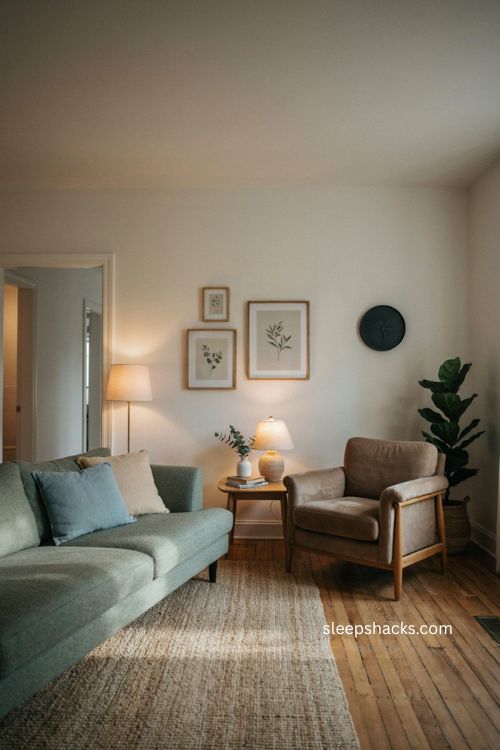 Therapist office decor with angled seating calming artwork visible clock and clear doorway