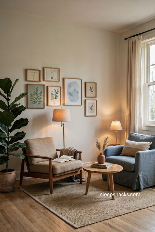 Therapist office decor with calming artwork professional credentials and warm personal touches