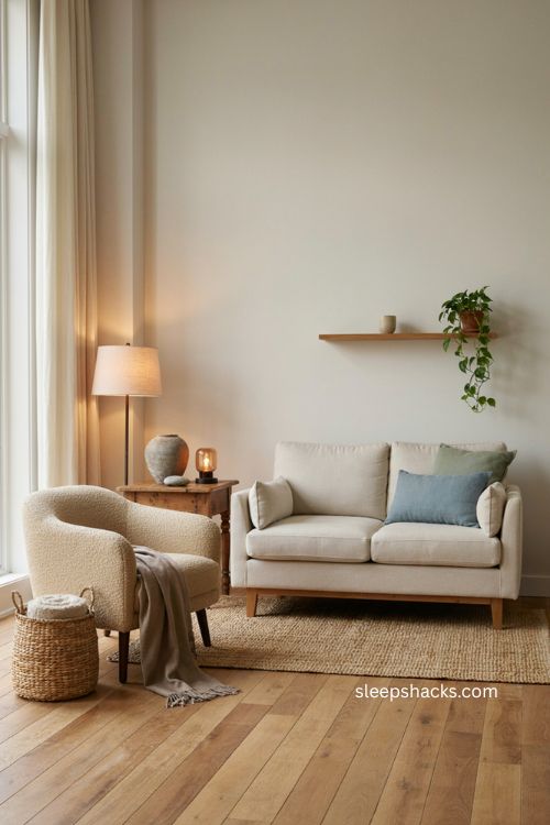 Therapist office decor with natural wood furniture stone accents and calming organic textures