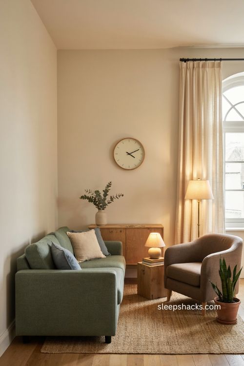 Therapist office decor with visible wall clock comfortable seating and calming neutral textures