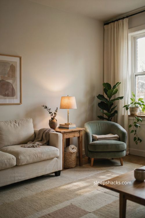 Therapist office decor with warm neutral calming furniture natural textures and cozy welcoming atmosphere