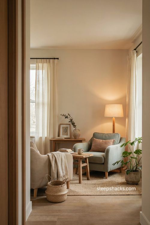 Therapy office decor with warm calming seating plant lamp and cozy natural textures 