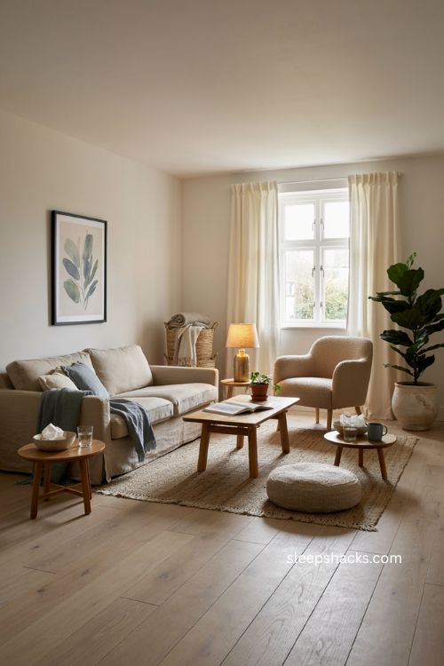 Therapy office seating with sofa armchair and floor cushion for flexible comfortable client space 
